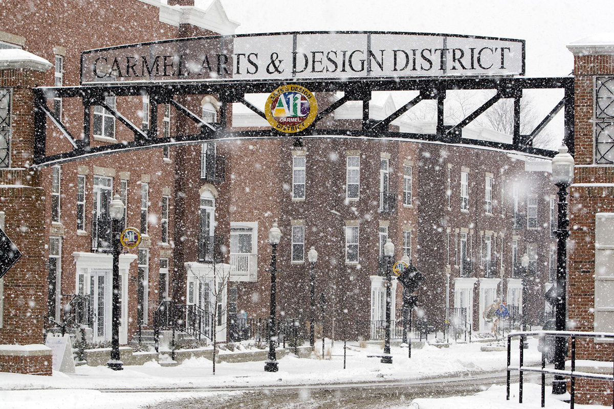 Snowing in the Arts & Design District in Carmel, Indiana