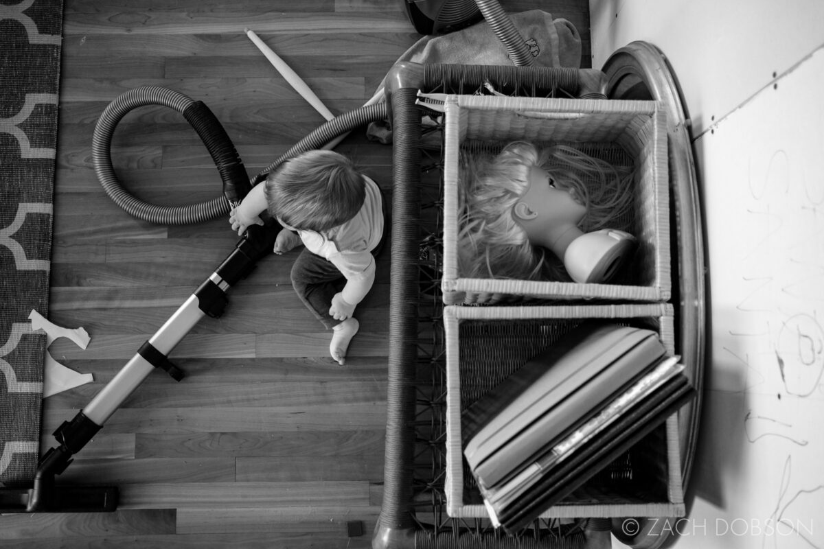 home life with toddler in black and white