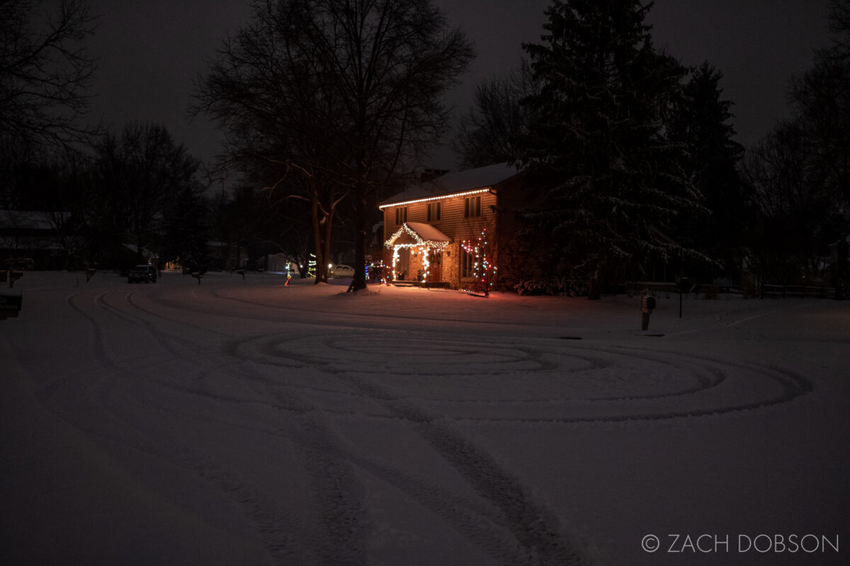 photos of night snow in Indiana holiday lights