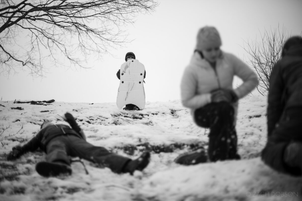 winter, sledding in the snow, carmel, indiana, black & white