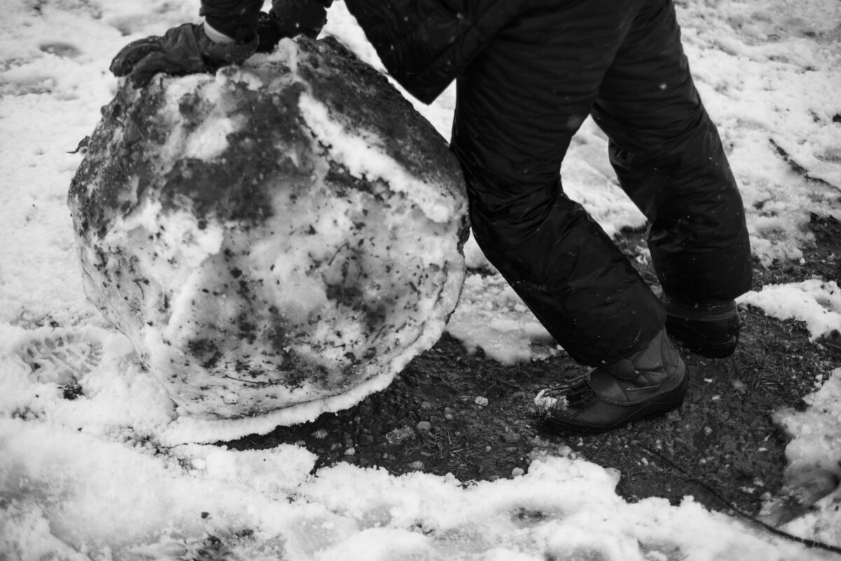 winter, rolling a ball of snow, carmel, indiana, black & white