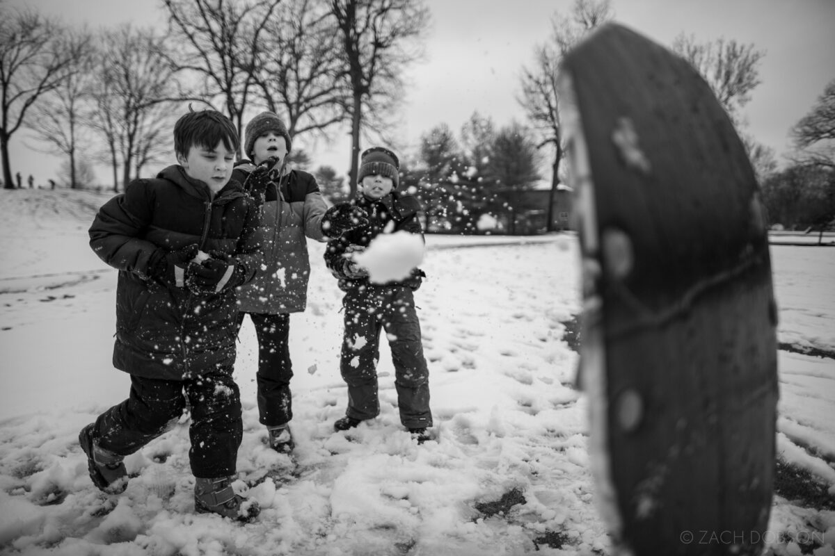 winter, throwing snowballs, carmel, indiana, black & white