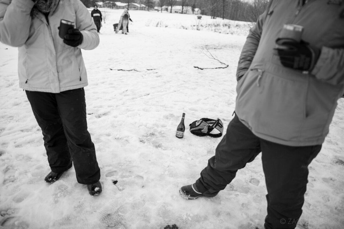 winter, drinking wine in the snow, carmel, indiana, black & white