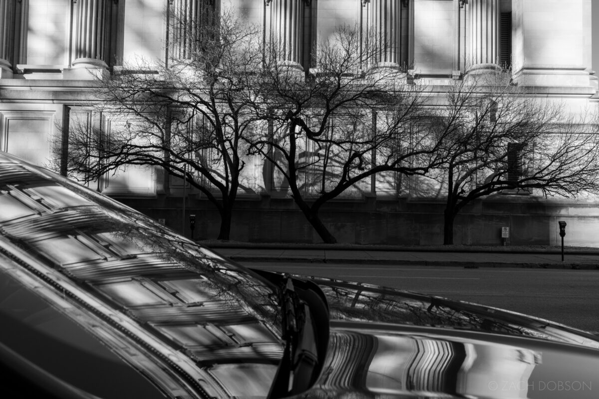 how to create social media content. street photography with the Canon R5 for Roberts Camera in Indianapolis. black & white trees, shadows and car