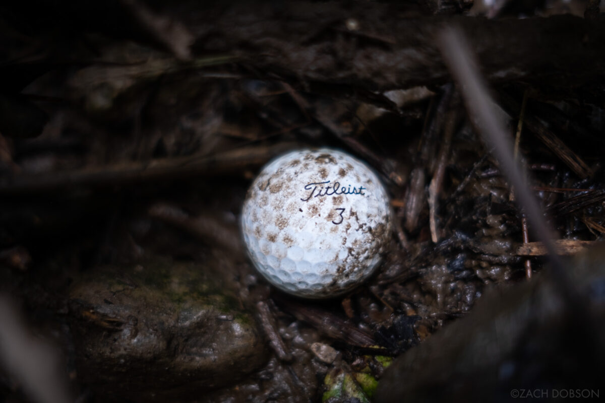 Dirty, muddy golf ball with Titleist 3 printed on it