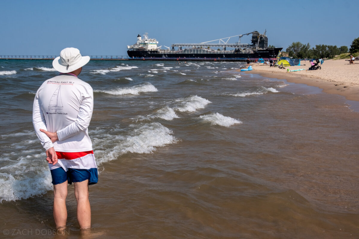 Watching Northern Venture freighter ship in Lake Michigan at Silver Beach in St. Joseph, Michigan