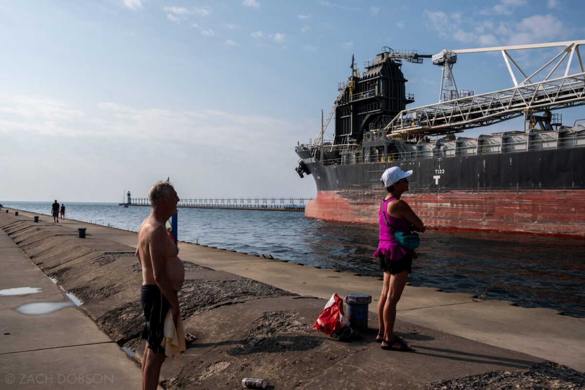 Watching Northern Venture freighter ship leave the St. Joseph River for Lake Michigan.