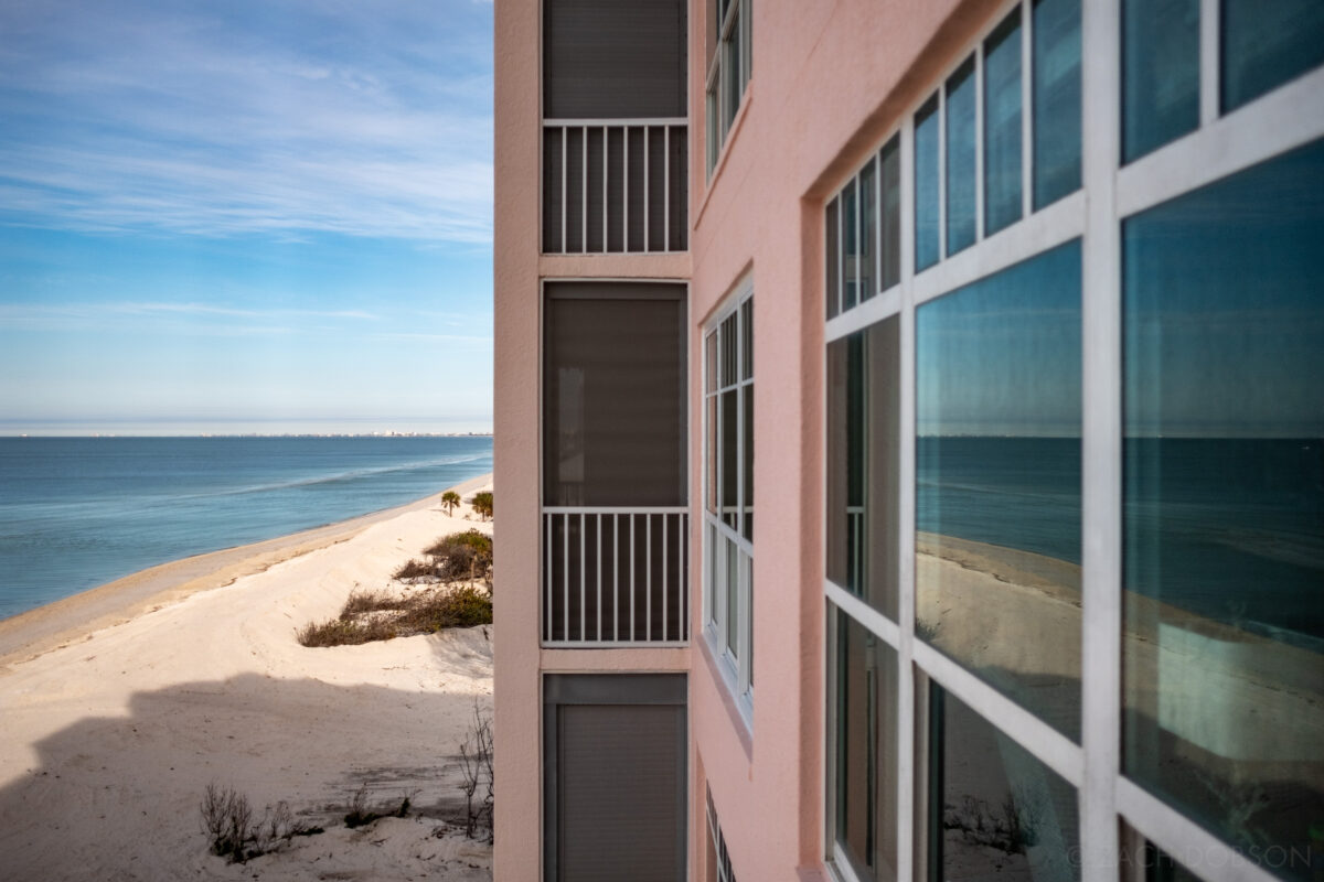 View of Barefoot Beach and condo building. Bonita Springs, Florida.