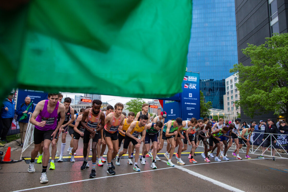 2025 Indiana University Health 500 Festival Mini Marathon in Indianapolis. Elite runners at the starting line